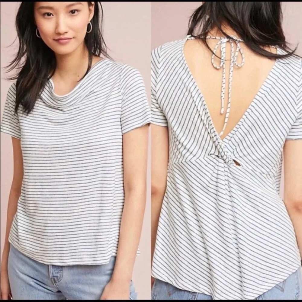 Maeve by Anthropologie Horizon‎ Linen Blue Stripe Twist Back Top Coastal Preppy